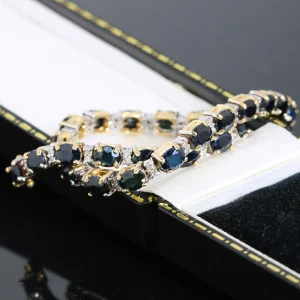 Złota bransoletka z szafirami i diamentami 0.50ct tenisówka 19cm 9K